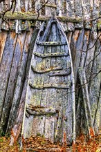 Old Sami sled by a shed with lichens