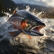 Salmon trout jumps out of the water