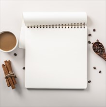 Flat lay notebook with coffee cup cinnamon sticks