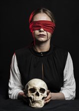 Woman with red blindfold holding skull