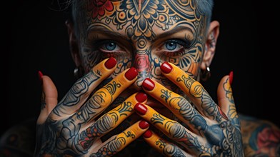 Close-up of a young woman with very colourful tattoos on her face and fingers