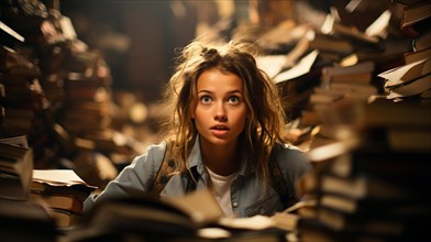 Young girl student sitting stunned and overwhelmed amidst a never ending pile of books and papers surrounding him