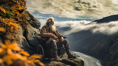Old man with walking difficulties and long hair sits on a wheelchair on a rocky outcrop