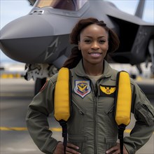 Proud young pilot stands in front of her F 35 fighter plane