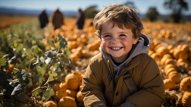 Happy young boy sitting amidst the pumpkins at the pumpkin patch farm on a fall day