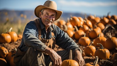 Pumpkin farmer amidst his pumpkin harvest on a fall day