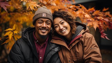 Happy warmly dressed young loving asian couple smile as they enjoy the beautiful fall leaves in the park