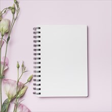 Blank spiral notebook with eustoma flowers against pink backdrop