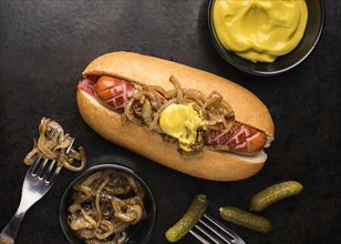 Top view hot dog with mustard