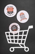Labels with black friday offers paper shopping cart