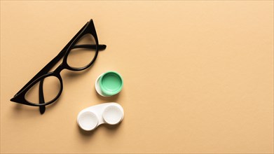 Top view plastic eyeglasses with lenses case