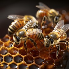 Honey bees sit on a honeycomb