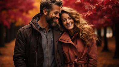 Warmly dressed young loving couple laugh as they enjoy the beautiful fall leaves in the park