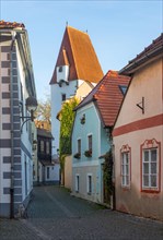 Old Town Street with Rabenstein Tower in the historic old town of Ceske Budejovice