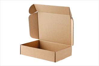 Opened flat cardboard box isolated on white background