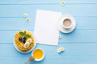 Flat lay paper card mockup breakfast table