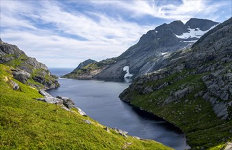 Mountain landscape with sea and lake Fjerddalsvatnet