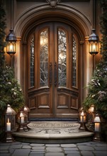 Beautiful christmas decorated front door and porch of a house on a winter evening. generative AI