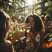 Young cheerful people toast each other with glasses raised