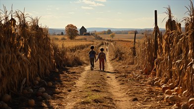 Children walking down the country dirt road amidst the corn fields on a fall day