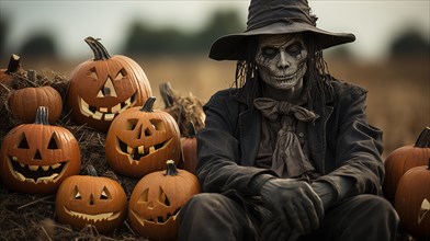 Spooky halloween skeleton scarecrow figure amidst the carved pumpkins in the field