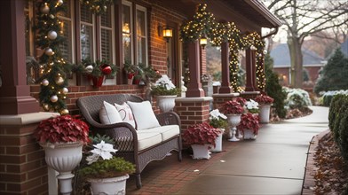 Beautiful christmas decorated front door and porch of a house on a winter evening. generative AI