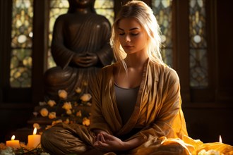 Young blonde woman meditating in a Buddhist temple