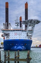 Offshore jack-up installation vessel Vole Au Vent moored at REBO heavy load terminal in Ostend port