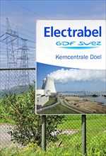 Signboard of the Doel Nuclear Power Station along the river Scheldt at Kieldrecht