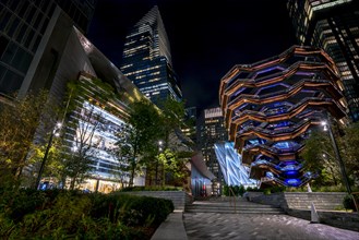 The center of the Hudson Yards with The Shed and The Vessel at night