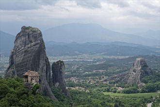 The monastery of Roussanou. The Greek Orthodox Meteora monasteries are built on sandstone cliffs above the Pinios valley. They are a UNESCO World Heritage Site. Kalambaka