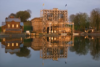 Hydraulic boat lift n4 at sunset on the old Canal du Centre at Thieu near La Louviere in the Sillon industriel of Wallonia