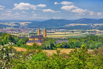 Landscape of Franconian Switzerland with the pilgrimage church Basilica Vierzehnheiligen