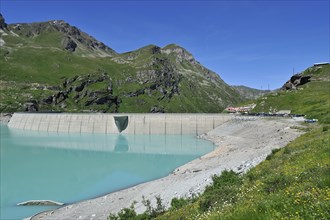 The Swiss dam Lac de Moiry near Grimentz is a reservoir in the Alps at Valais