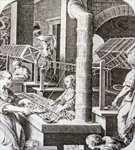Old 17th century engraving showing female workers operating reeling machine in spinning mill