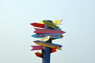 Colourful wooden signs with distance information