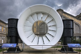 Marine turbine used to convert energy of underwater currents into electricity at the Cite de la Mer