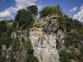 Aerial view of Rathen on the Elbe with the rocks of the Basteige area and the new viewing platform on the Bastei.