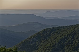 Mountain landscape of the Balkan Mountains and the forested slopes of the Balgarka nature park Park in Central Bulgaria. Shipka