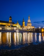 Silhouette of Dresden's Old Town in the evening on the Elbe River