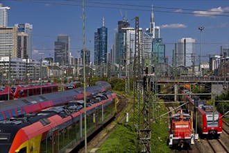 Elevated city view with many trains