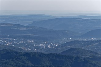 Mountain landscape of the Balkan Mountains around the town of Gabrovo and the forested slopes of the Balgarka nature park Park in Central Bulgaria. Shipka
