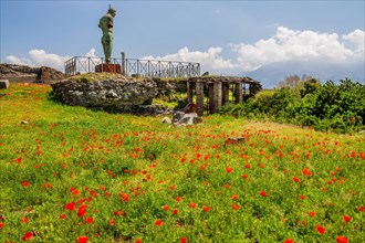 Spring meadow with poppies and statue by artist Igor Mitoraj