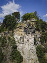 Aerial view of Rathen on the Elbe with the rocks of the Basteige area and the new viewing platform on the Bastei.