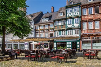 Schuhhof with street cafes and half-timbered houses in the old town