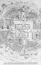 Plan of the city of Mexico with sacrificial square and imperial zoo