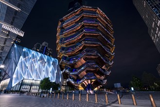 The center of the Hudson Yards with The Shed and The Vessel at night
