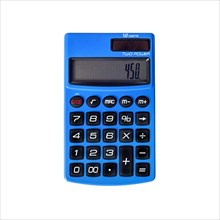 Blue pocket calculator with solar and battery powering