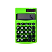 Green pocket calculator with solar and battery powering