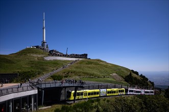 Mountain station of the Panoramique des Domes rack railway in Tour de France 2023 all-car advertising
